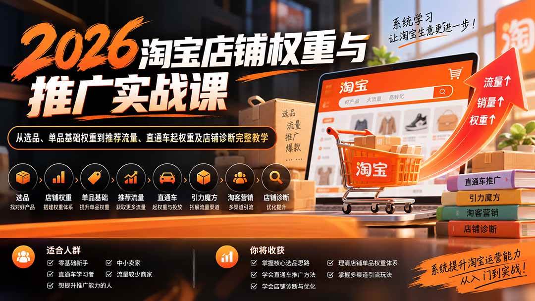 （20411期）2026淘宝店铺权重与推广实战课：从选品、单品基础权重到推荐流量、直通车起权重及店铺诊断完整教学-选优云网创