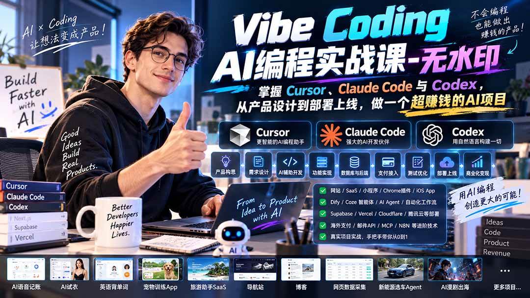 （20431期）Vibe Coding AI编程实战课-无水印：掌握Cursor、Claude Code与Codex，从产品设计到部署上线，做一个超赚钱的AI项目-选优云网创
