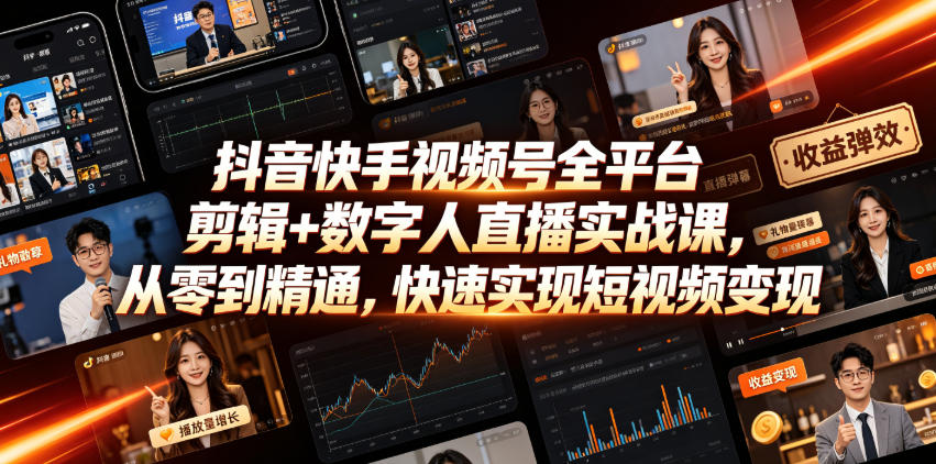 抖音快手视频号全平台剪辑+数字人直播实战课，从零到精通，快速实现短视频变现(更新2026年6月)-选优云网创