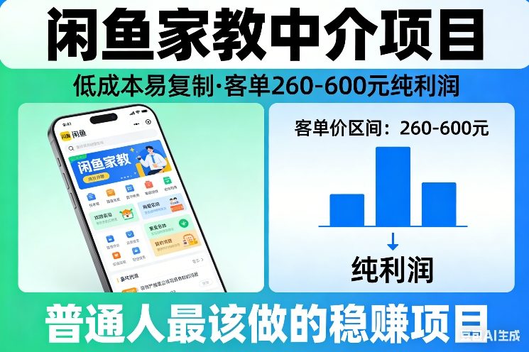 闲鱼家教中介项目，低成本易复制，客单260-600不等纯利润，这才是普通人最该做的稳賺项目-选优云网创