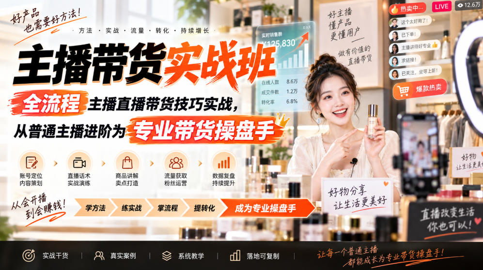 主播带货实战班ZB，全流程主播直播带货技巧实战，从普通主播进阶为专业带货操盘手-选优云网创