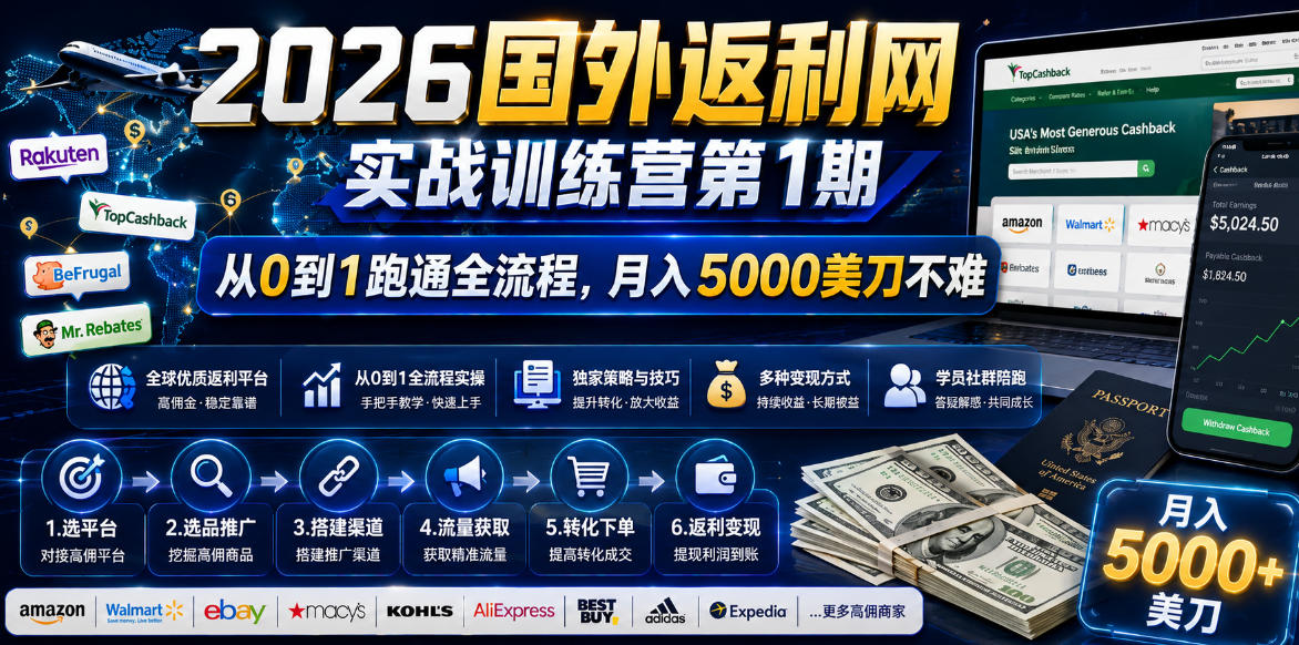 2026年国外返利网实战训练营第1期,从0到1跑通全流程,月入5000美刀不难-选优云网创