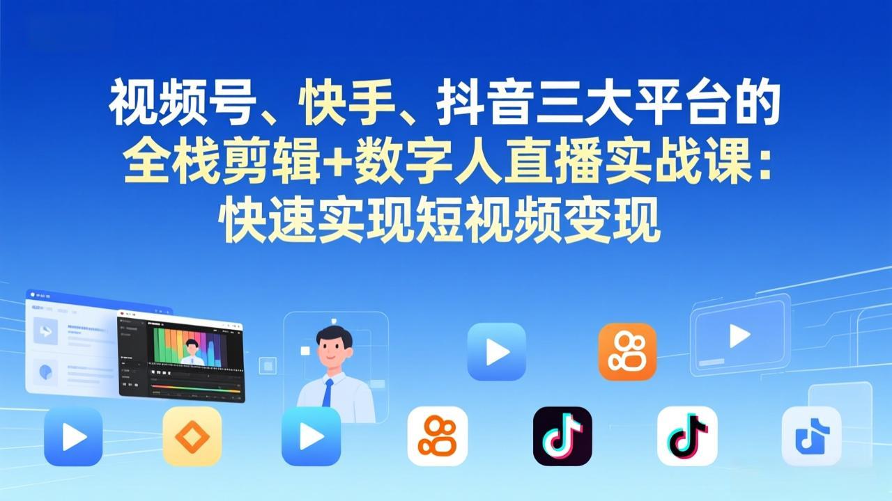 视频号+快手+抖音三大平台的全栈剪辑+数字人直播实战课-3月更新:快速实现短视频变现-选优云网创