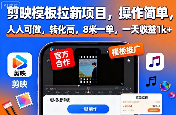 剪映模板拉新项目,操作简单,人人可做,转化高,8米一单,一天收益1k+-选优云网创