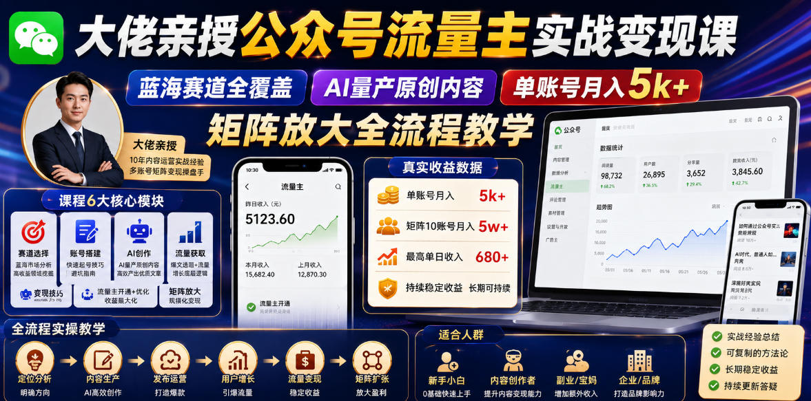 大佬亲授公众号流量主实战变现课,蓝海赛道全覆盖,AI量产原创内容,单账号月入5k+矩阵放大全流程教学-选优云网创