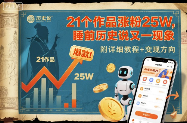 21个作品涨粉25W，睡前历史说又一现象级AI内容大爆款来啦，附详细教程+变现方向-选优云网创