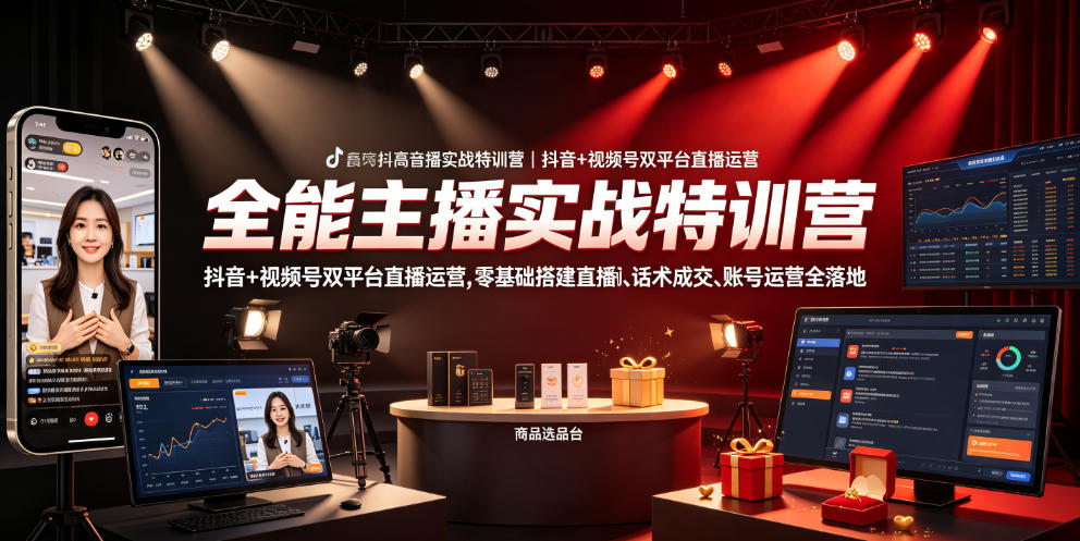 全能主播实战特训营｜抖音+视频号双平台直播运营，零基础搭建直播间、精准选品、话术成交、账号运营全落地-选优云网创