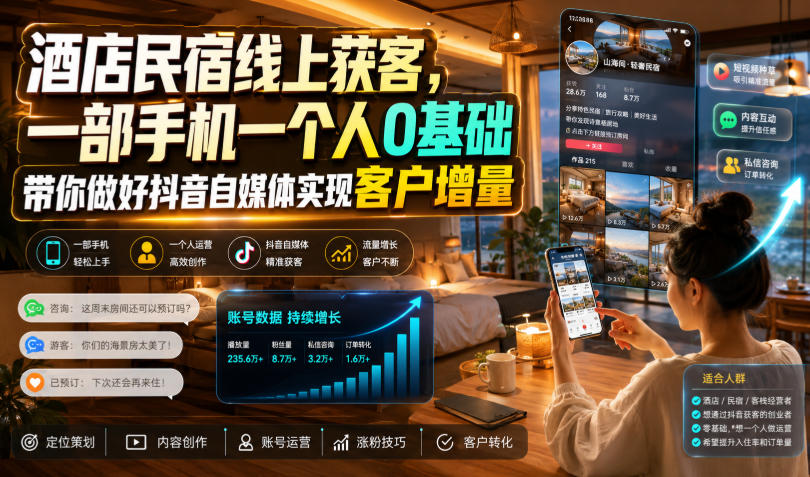 酒店民宿线上获客，一部手机一个人0基础带你做好抖音自媒体实现客户增量-选优云网创