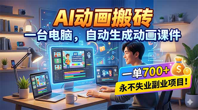 AI动画搬砖，一台电脑，自动生成动画课件，一单800+ 永不失业副业项目！-选优云网创