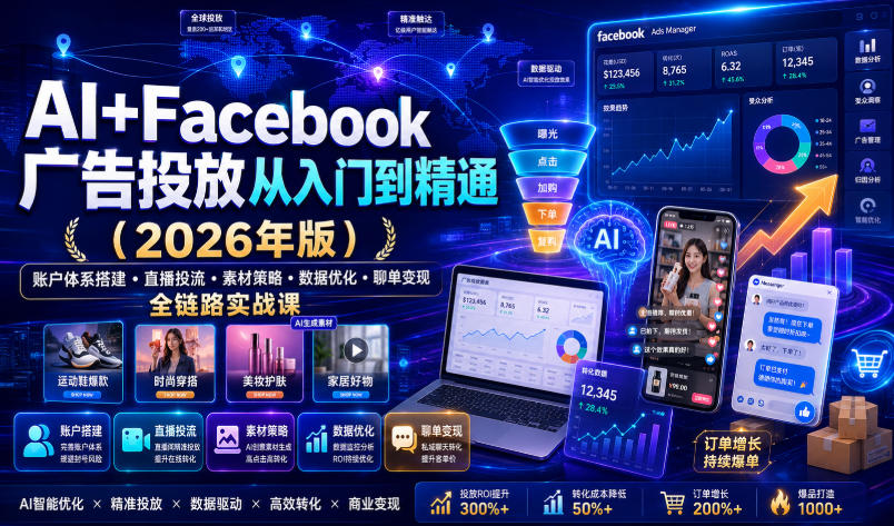 AI+Facebook广告投放从入门到精通(2026年版)｜账户体系搭建・直播投流・素材策略・数据优化・聊单变现全链路实战课-选优云网创