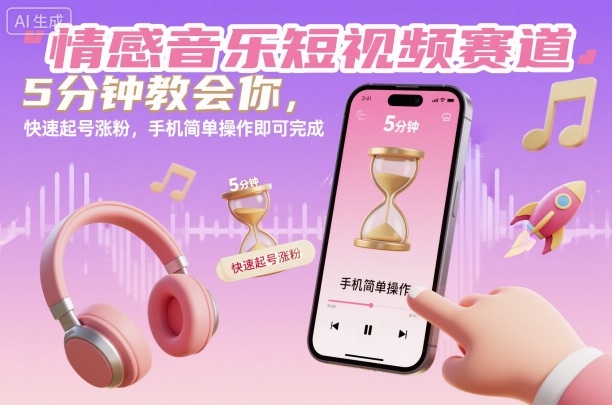 情感音乐短视频赛道，5分钟教会你，快速起号涨粉，手机简单操作即可完成-选优云网创