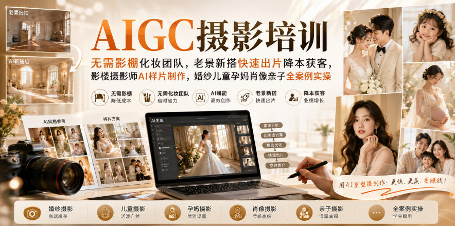 AIGC摄影培训｜无需影棚化妆团队，老景新搭快速出片降本获客，影楼摄影师AI样片制作，婚纱儿童孕妈肖像亲子全案例实操-选优云网创