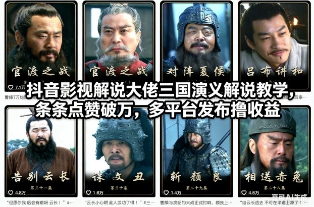 抖音影视解说大佬三国演义解说教学，条条点赞破万，多平台发布撸收益-选优云网创