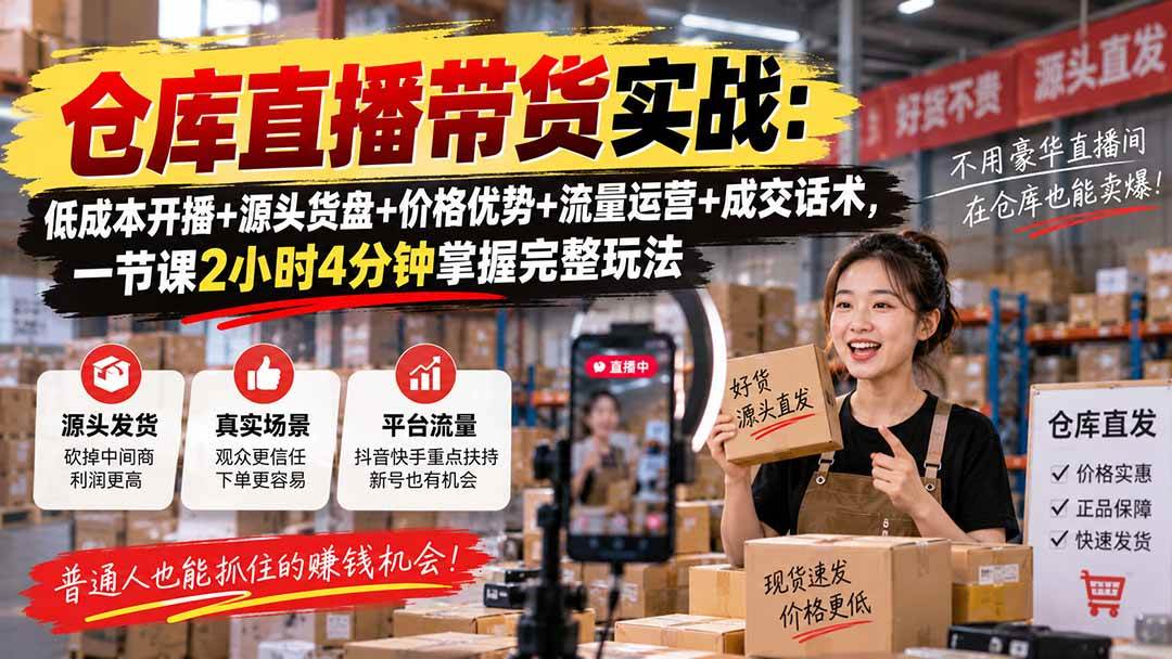 （20471期）仓库直播带货实战：低成本开播+源头货盘+价格优势+流量运营+成交话术，一节课2小时4分钟掌握完整玩法-选优云网创