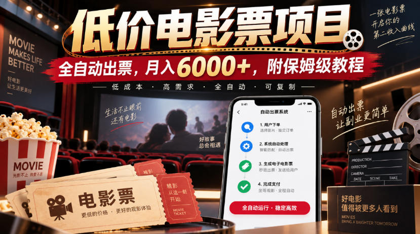 低价电影票项目，全自动出票，月入6000+，附保姆级教程【揭秘】-选优云网创