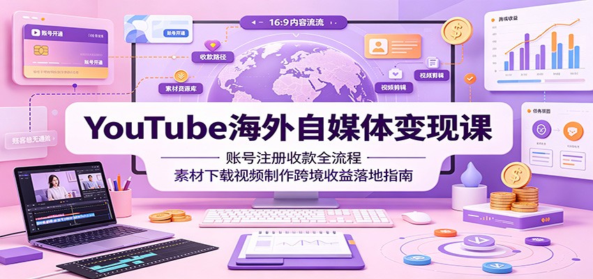 YouTube海外自媒体变现课:账号注册收款全流程,素材下载视频制作跨境收益落地指南-选优云网创