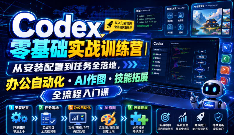 Codex零基础实战训练营｜从安装配置到任务全落地，办公自动化・AI作图・技能拓展全流程入门课-选优云网创