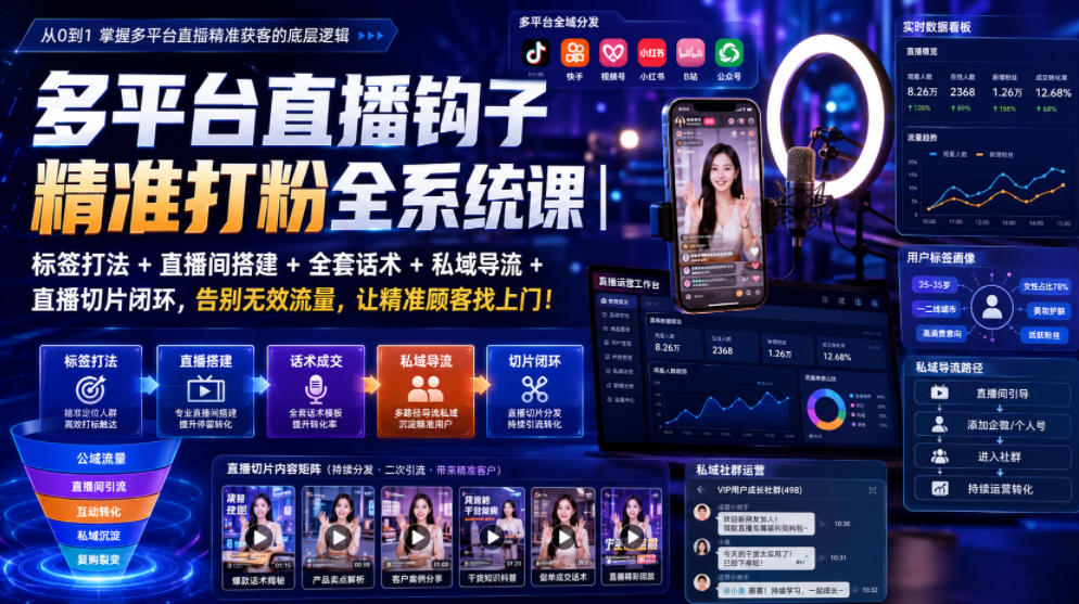 多平台直播钩子精准打粉全系统课｜标签打法+直播间搭建+全套话术+私域导流+直播切片闭环，告别无效流量，让精准顾客找上门！-选优云网创