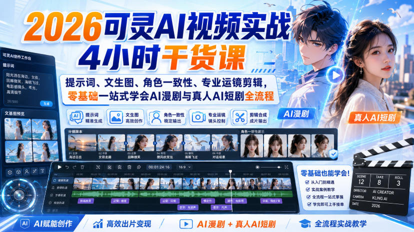 2026可灵AI视频实战4小时干货课｜提示词、文生图、角色一致性、专业运镜剪辑，零基础一站式学会AI漫剧与真人AI短剧全流程-选优云网创