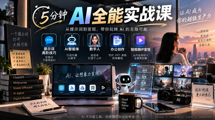 5分钟AI全能实战课｜提示词高阶技巧+AI智能体+数字人+办公创作+短视频IP变现全教程-选优云网创