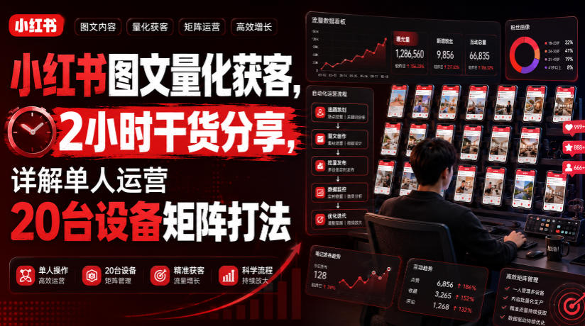 小红书图文量化获客,2小时干货分享,详解单人运营20台设备矩阵打法-选优云网创