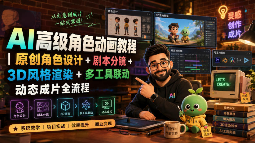 AI高级角色动画教程｜原创角色设计+剧本分镜+3D风格渲染+多工具联动动态成片全流程【中英字幕】-选优云网创