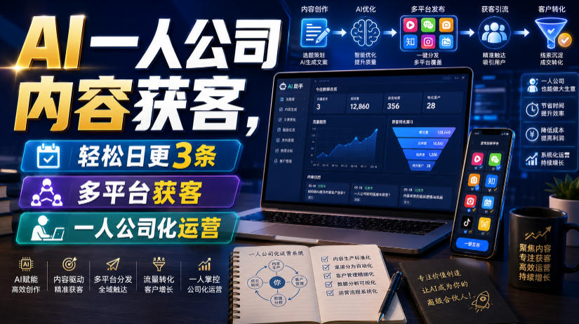 AI一人公司内容获客，轻松日更3条，多平台获客，一人公司化运营-选优云网创
