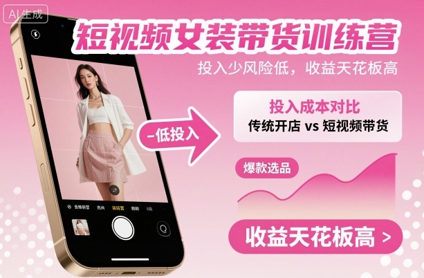 短视频女装带货训练营，投入少风险低，收益天花板高-选优云网创