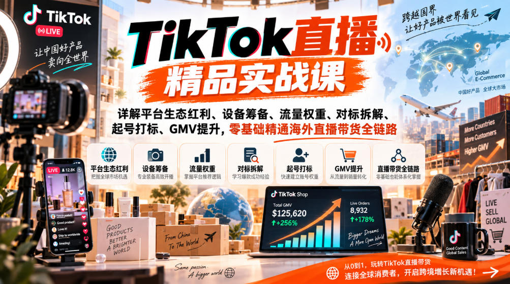 TikTok直播精品实战课,详解平台生态红利、设备筹备、流量权重、对标拆解、起号打标、GMV提升,零基础精通海外直播带货全链路-选优云网创
