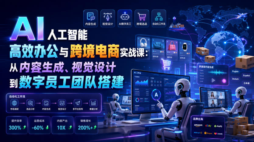 AI人工智能高效办公与跨境电商实战课：从内容生成、视觉设计到数字员工团队搭建-选优云网创