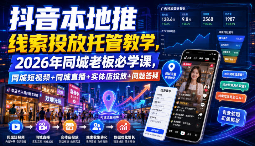 抖音本地推线索投放托管教学，2026年同城老板必学课，同城短视频+同城直播+实体店投放+问题答疑-选优云网创