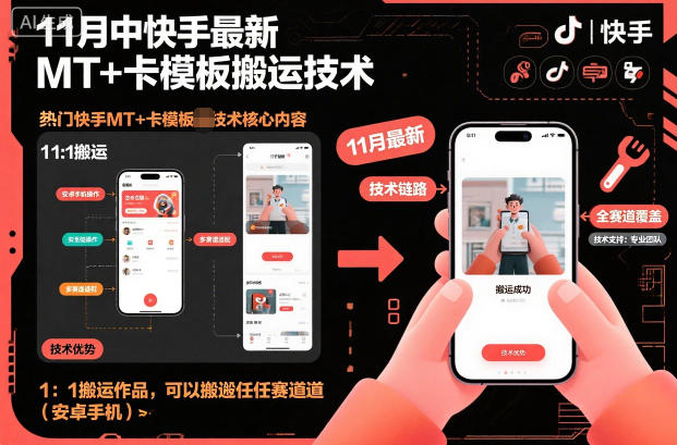 11月中快手最新MT+卡模板搬运技术，1：1搬运作品，可以搬运任何赛道(安卓手机)-选优云网创