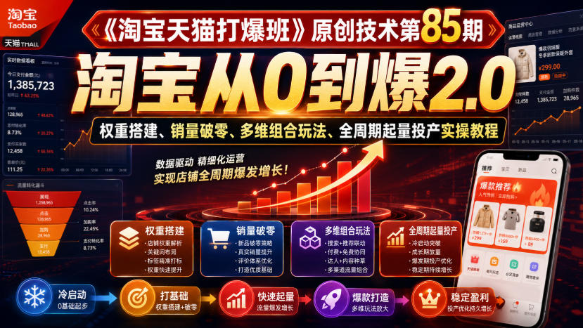 《淘宝天猫打爆班》原创技术第85期，淘宝从0到爆2.0，权重搭建、销量破零、多维组合玩法、全周期起量投产实操教程-选优云网创
