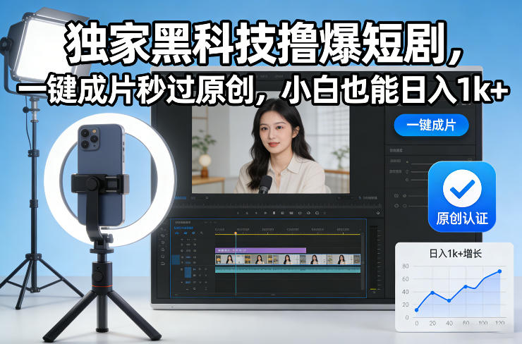 独家黑科技撸爆短剧，一键成片秒过原创，小白也能日入1k+【揭秘】-选优云网创