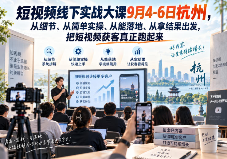 短视频线下实战大课9月4-6日杭州，从细节、从简单实操、从能落地、从拿结果出发，把短视频获客真正跑起来-选优云网创