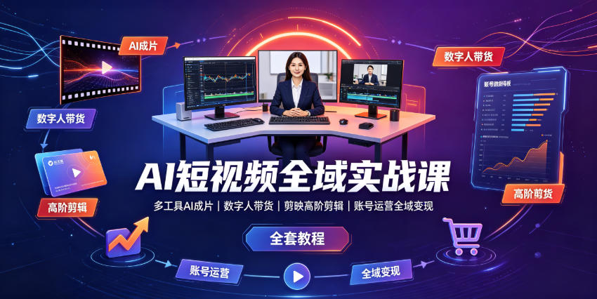 AI短视频全域实战课｜多工具AI成片、数字人带货、剪映高阶剪辑、账号运营全域变现全套教程-选优云网创