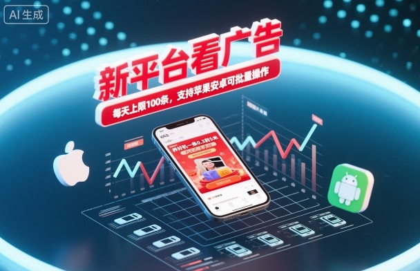 新平台看广告，养好机一条0.3到5米，每天上限100条，支持苹果安卓可批量操作-选优云网创