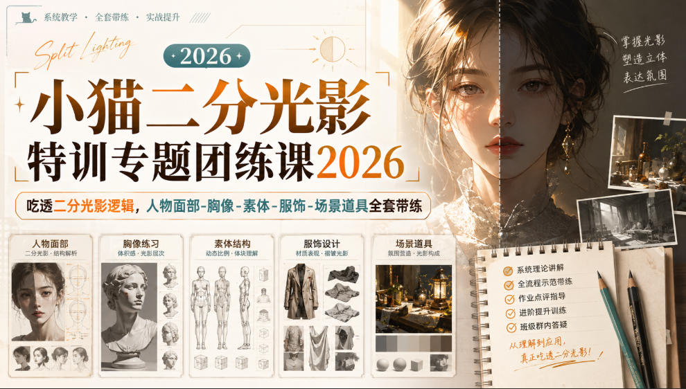 小猫二分光影特训专题团练课2026｜吃透二分光影逻辑，人物面部‑胸像‑素体‑服饰‑场景道具全套带练，高清画质附赠课件与笔刷-选优云网创