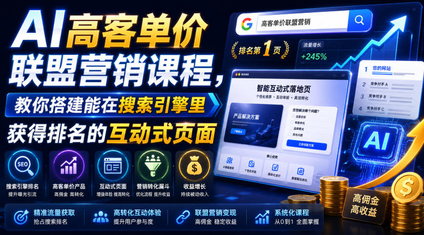 AI高客单价联盟营销课程,教你搭建能在搜索引擎里获得排名的互动式页面,引来流量,把访客转化为高佣金的成交【原创双语字幕】-选优云网创