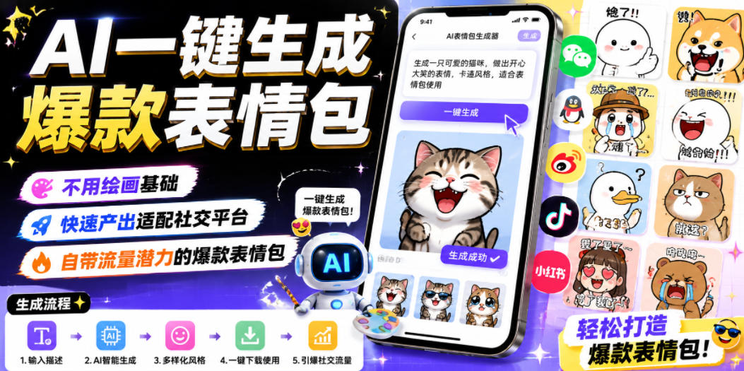 AI一键生成爆款表情包，不用绘画基础，快速产出适配社交平台，自带流量潜力的爆款表情包-选优云网创