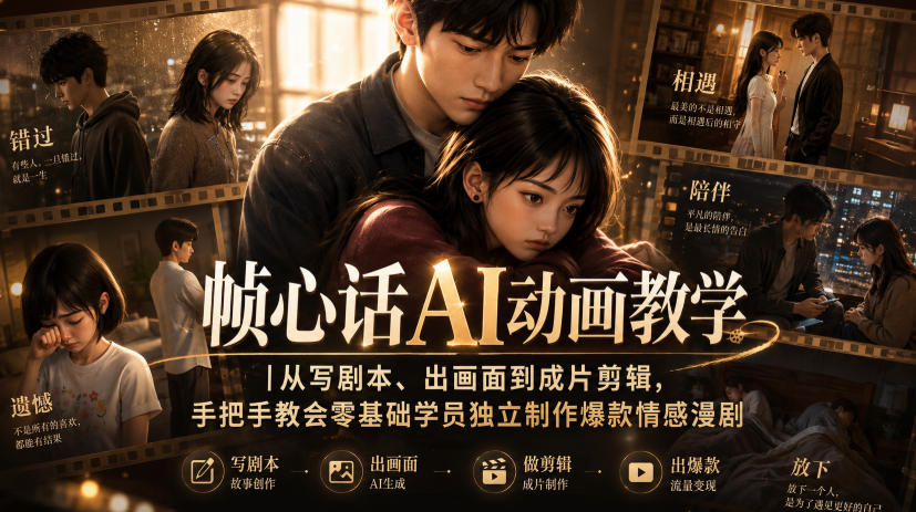 帧心话AI动画教学｜从写剧本、出画面到成片剪辑，手把手教会零基础学员独立制作爆款情感漫剧-选优云网创