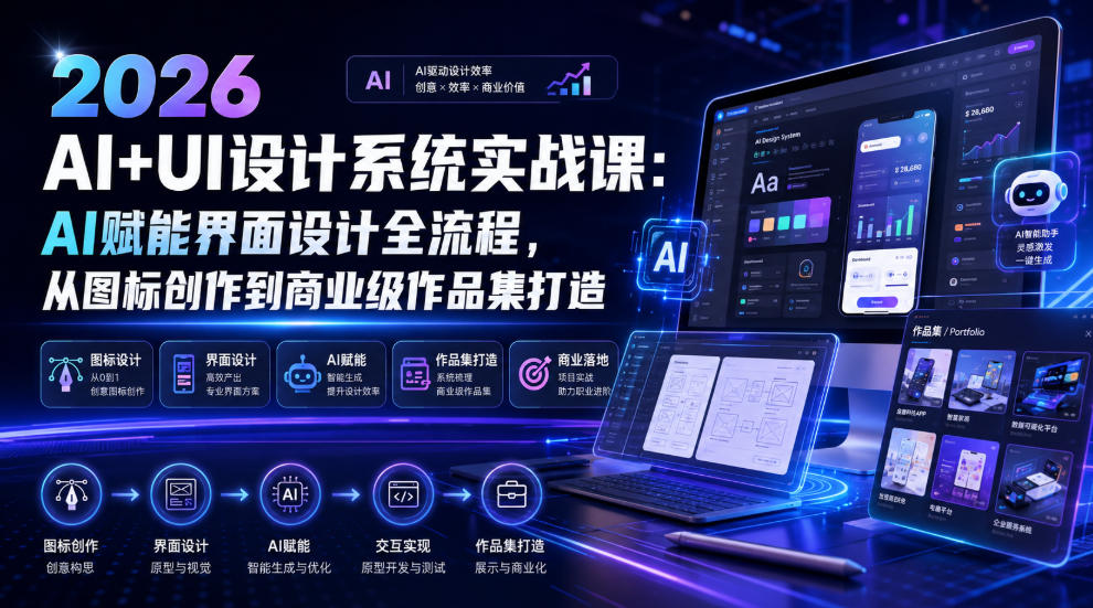 2026 AI+UI设计系统实战课：AI赋能界面设计全流程，从图标创作到商业级作品集打造-选优云网创