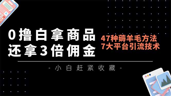 0撸白拿商品,还拿3倍佣金,47种薅羊毛方法,7大平台全方位引流技术教学,精专月入过万-选优云网创