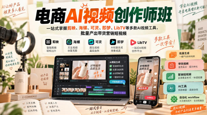 电商AI视频创作师班，一站式掌握剪映、海螺、可灵、即梦、LibTV等多款AI视频工具，批量产出带货营销短视频-选优云网创