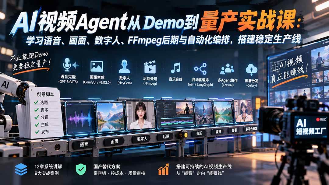 （20451期）AI视频Agent从Demo到量产实战课：学习语音、画面、数字人、FFmpeg后期与自动化编排，搭建稳定生产线-选优云网创