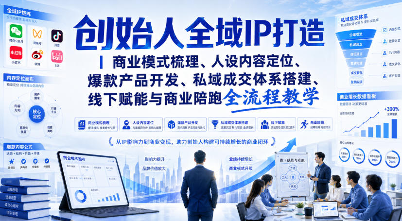 创始人全域IP打造|商业模式梳理、人设内容定位、爆款产品开发、私域成交体系搭建、线下赋能与商业陪跑全流程教学-选优云网创