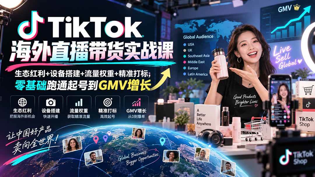 （20465期）TikTok海外直播带货实战课｜生态红利+设备搭建+流量权重+精准打标，零基础跑通起号到GMV增长-选优云网创