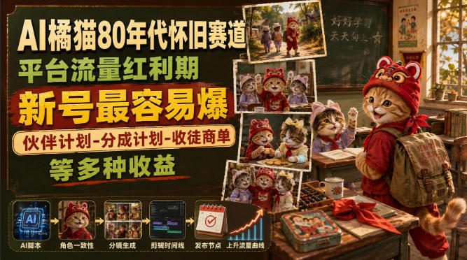 AI橘猫80年代怀旧赛道,平台流量红利期,新号最容易爆,伙伴计划-分成计划-收徒商单等多种收益-选优云网创