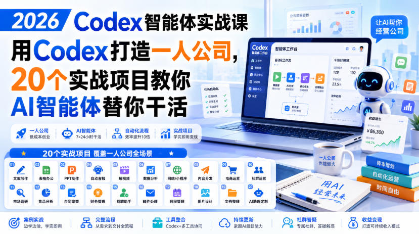 2026 Codex智能体实战课,用Codex打造一人公司,20个实战项目教你AI智能体替你干活-选优云网创