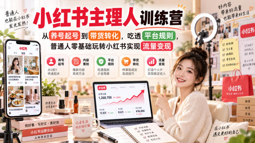 小红书主理人训练营,从养号起号到带货转化,吃透平台规则,普通人零基础玩转小红书实现流量变现-选优云网创
